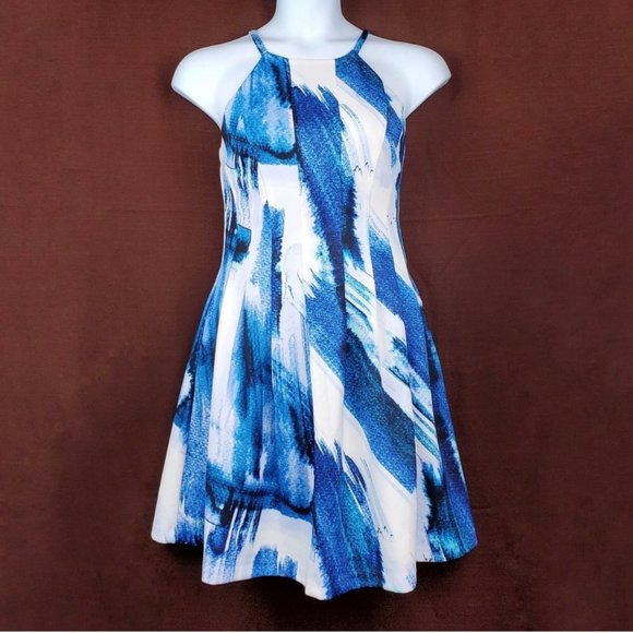 VINCE CAMUTO Blue Abstract Fit & Flare Dress 12 - Picture 1 of 3